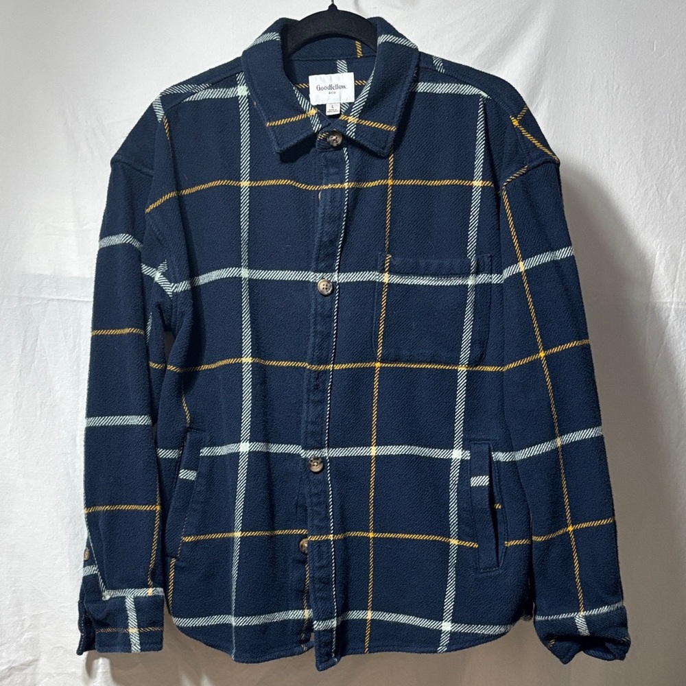 Goodfellow & Co Navy Plaid Shirt Jacket with Mustard Accents